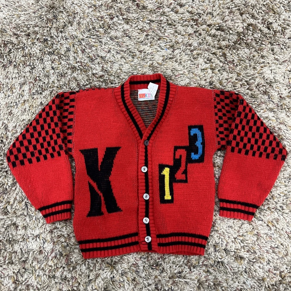 Vtg McKids Red Checkerboard 123 K Cardigan Sweater‎ Kids 5-6 USA Made Retro 90s